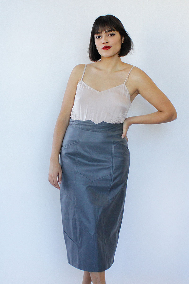 Pewter Paneled Leather Midi Skirt M