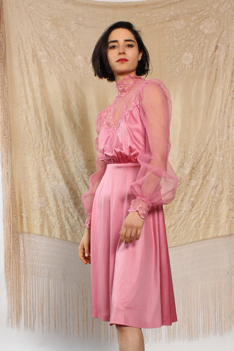 Rosé Lace Puff Dress XS