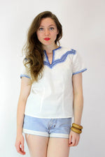 60s Cross Stitch Embroidered Cotton Blouse XS/S