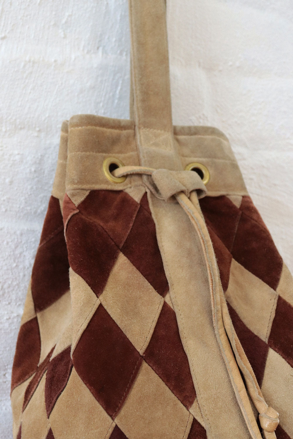 Checkered Deer Suede Bucket Bag