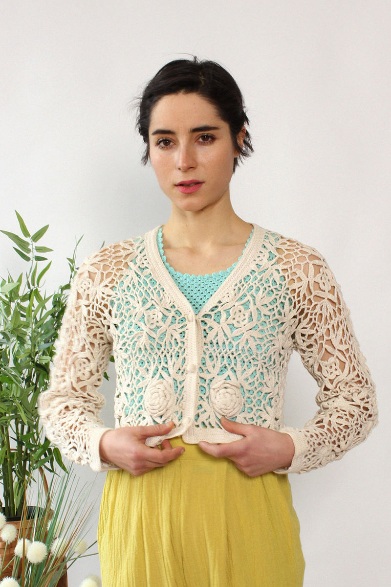 Ivory Crochet Crop Cardigan XS-M