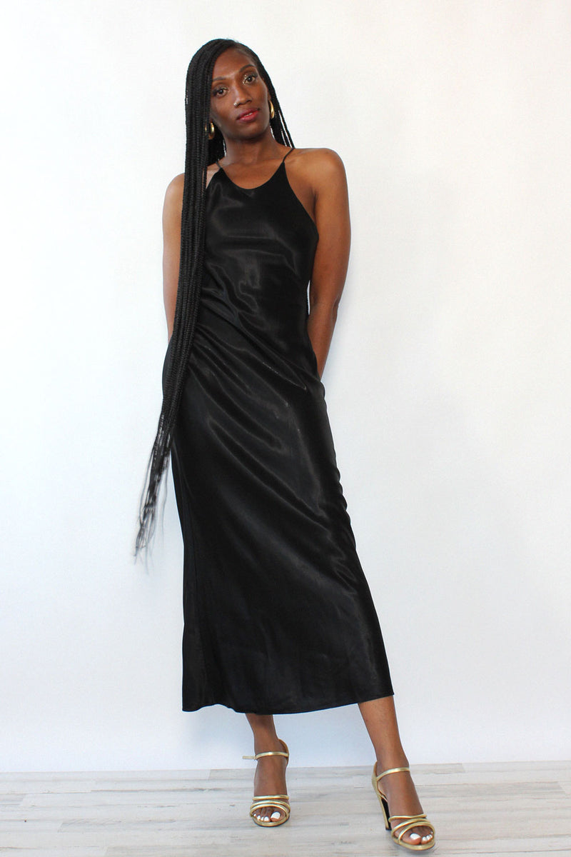 xs satin dress Fitted Long Satin Halter Slit Dress by Ladivine CH031