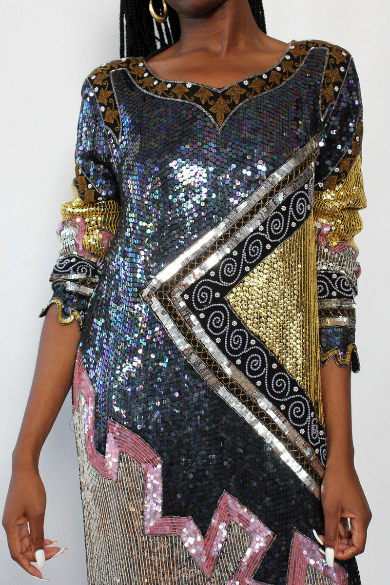 Silk Sequin Flame Dress M/L