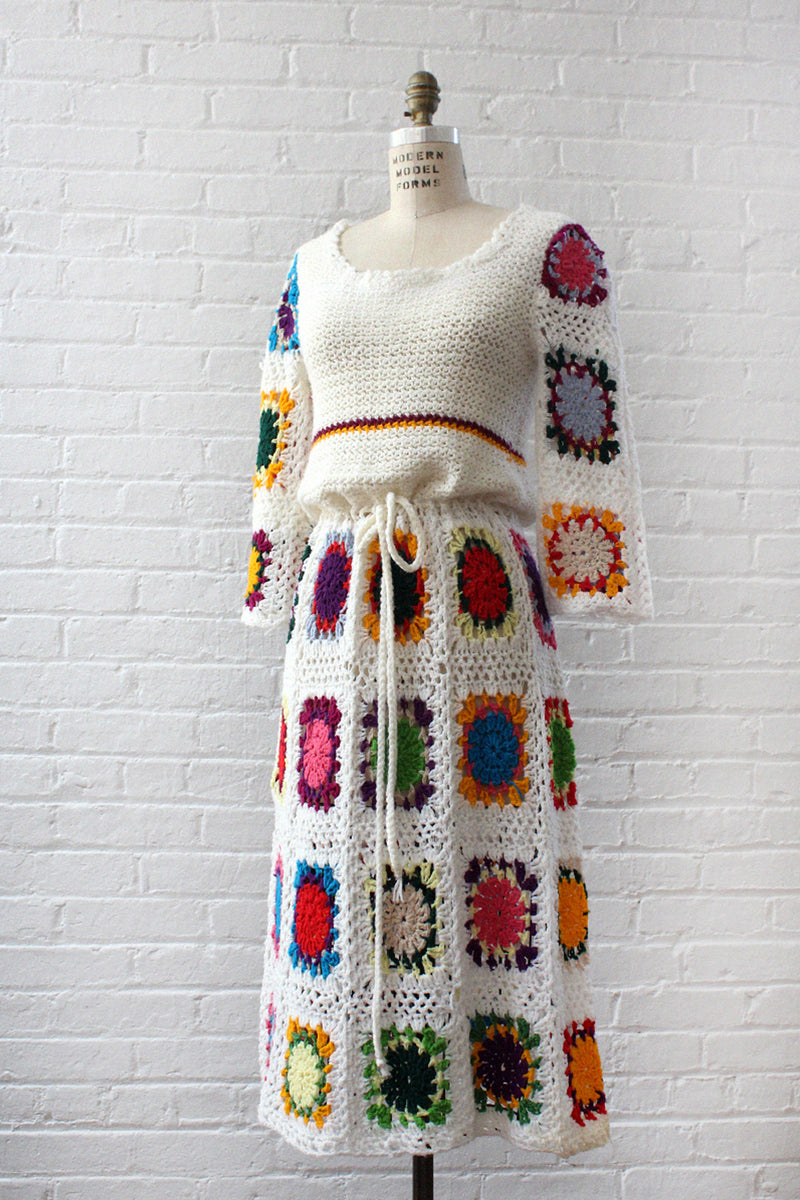 Colorful Crochet Granny Square Dress S-L OMNIA Colorful Crochet Granny Square Dress S-L OMNIA