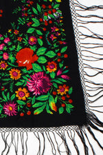 70s Black Floral Piano Shawl • XL
