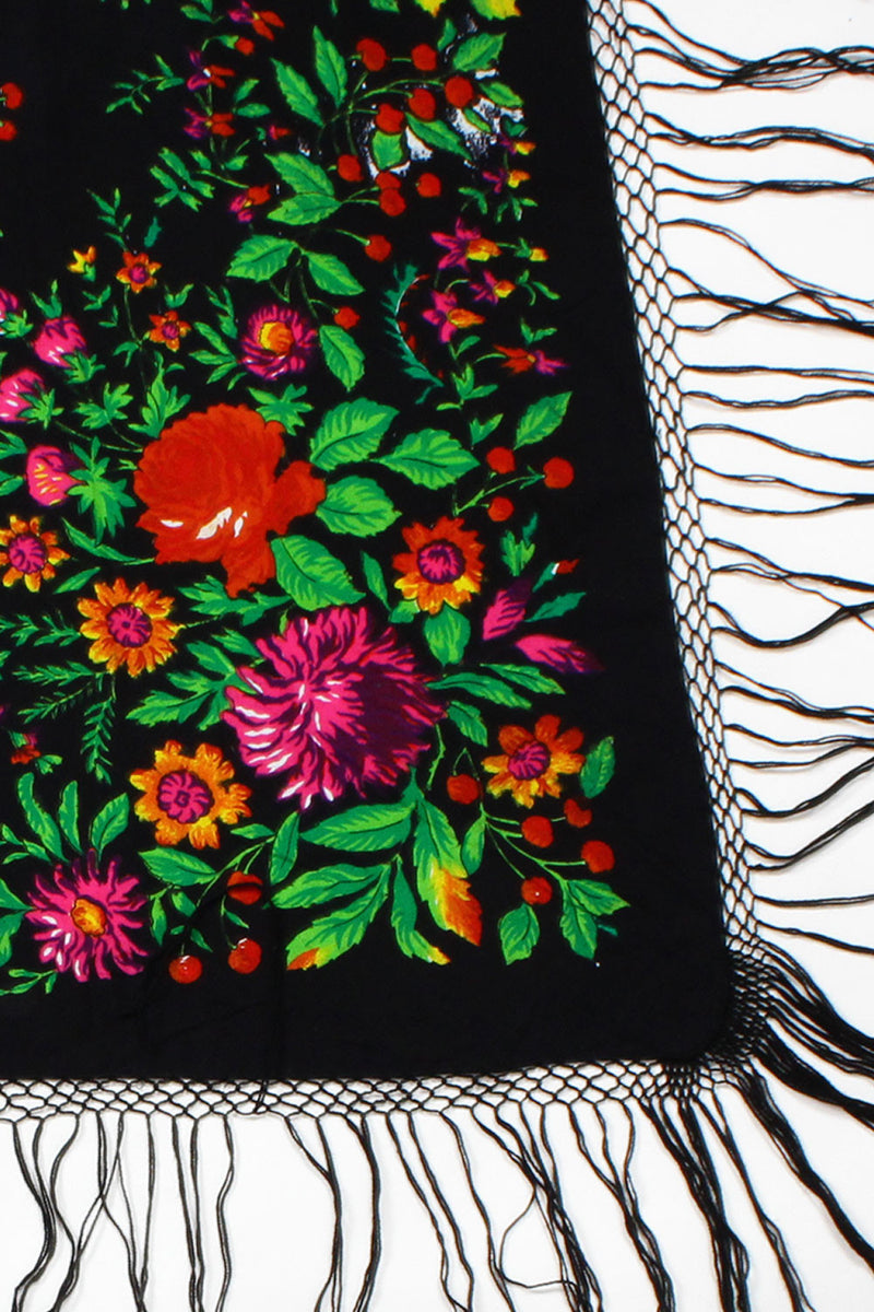 70s Black Floral Piano Shawl • XL