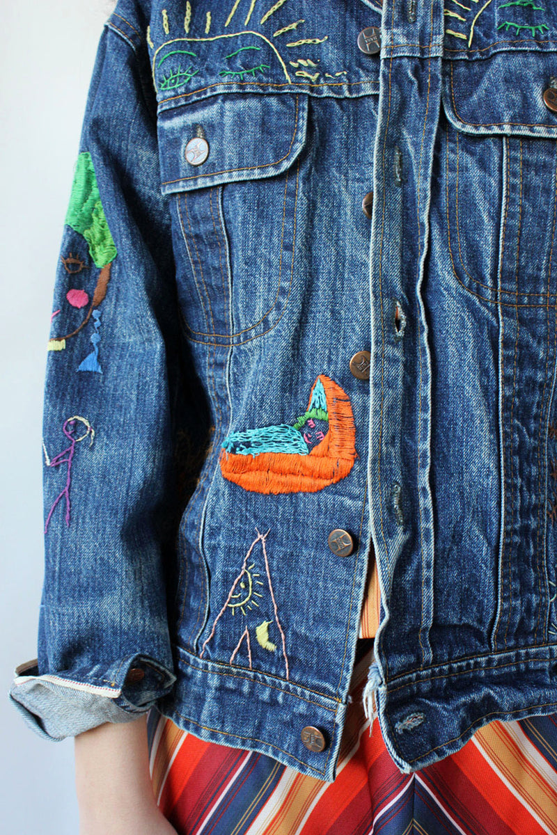 Hand Embroidered Motif Denim Jacket S/M