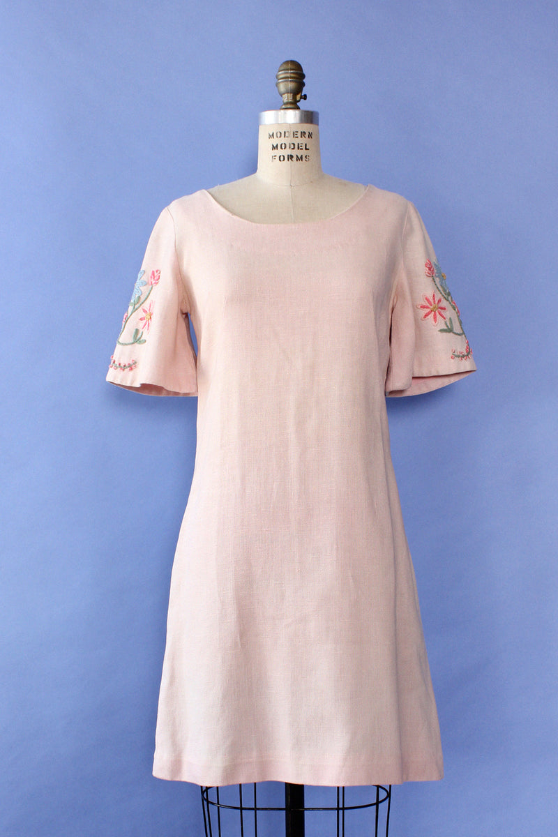 Pale Rose Embroidered Linen Dress M
