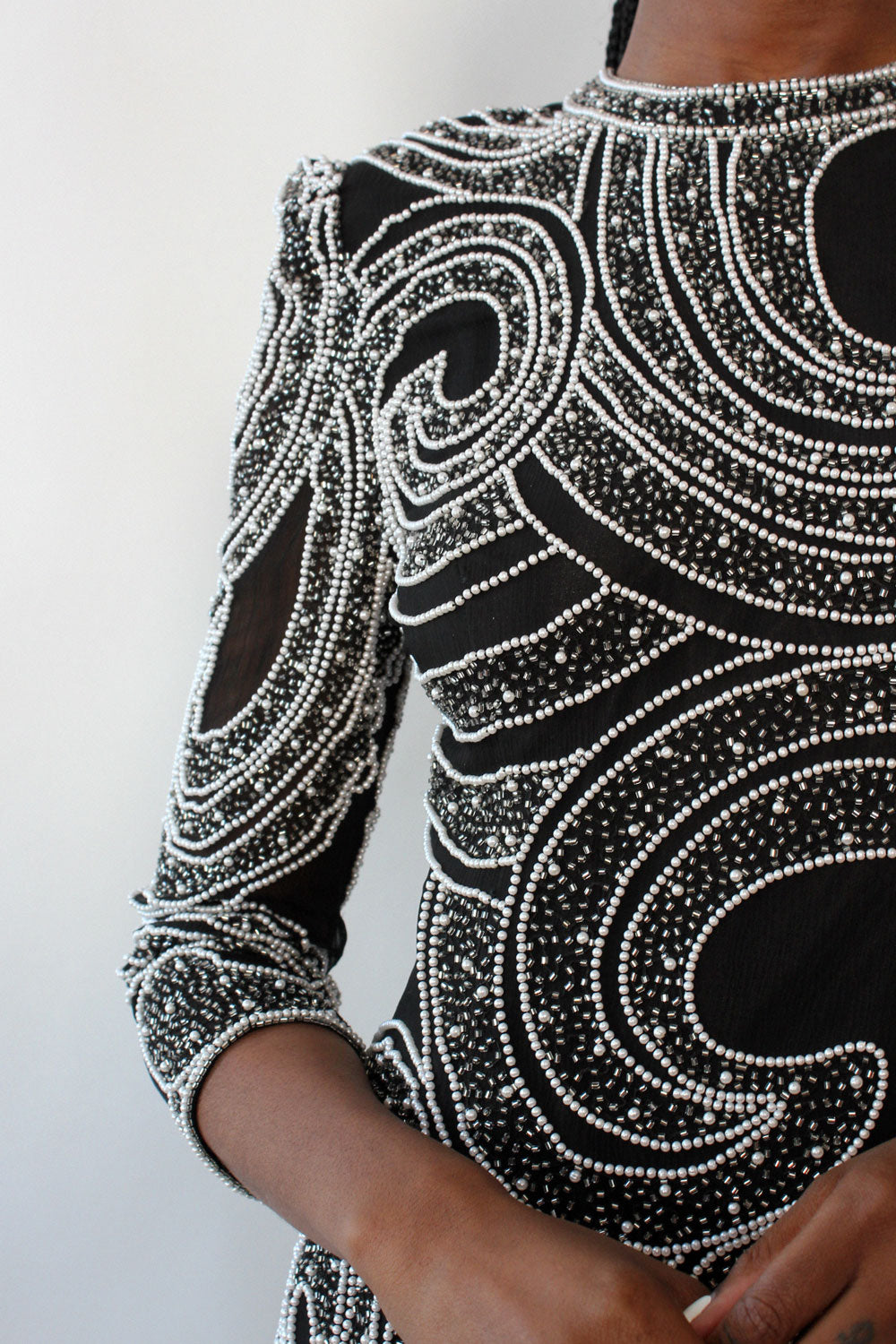 Beaded Silk Notch Mini Dress M
