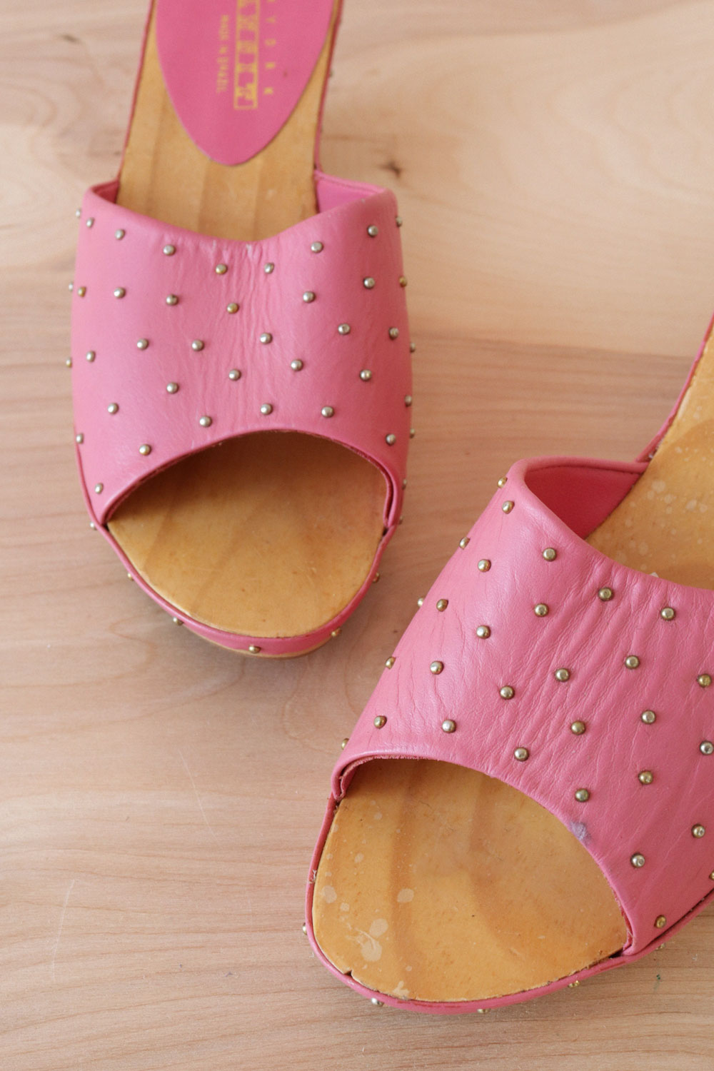 Studded Pink Leather Wood Wedges 7.5-8
