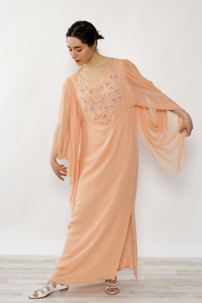 Richilene Silk Peach Beaded Gown XS-M