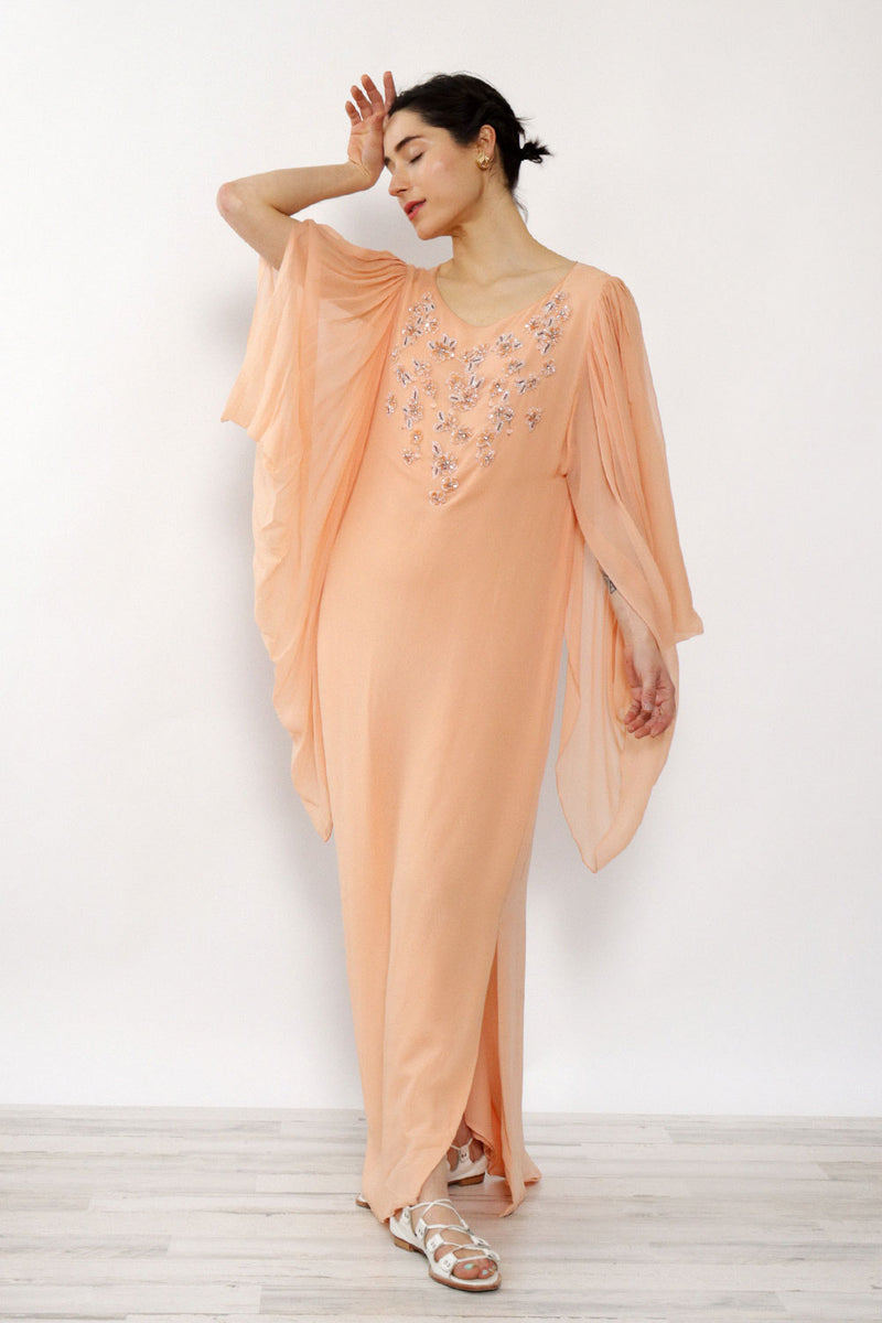 Richilene Silk Peach Beaded Gown XS-M