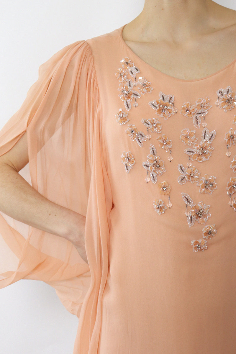 Richilene Silk Peach Beaded Gown XS-M