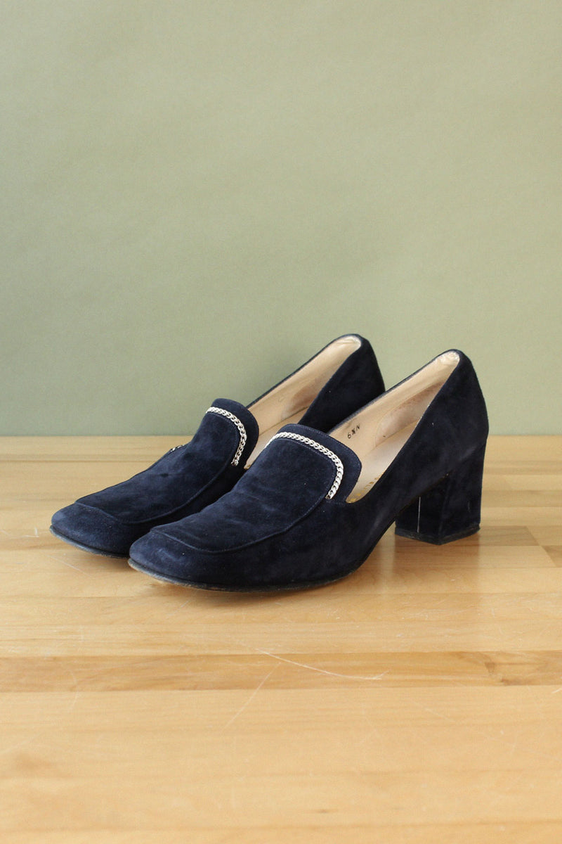 Navy Chain Heeled Loafers 6.5
