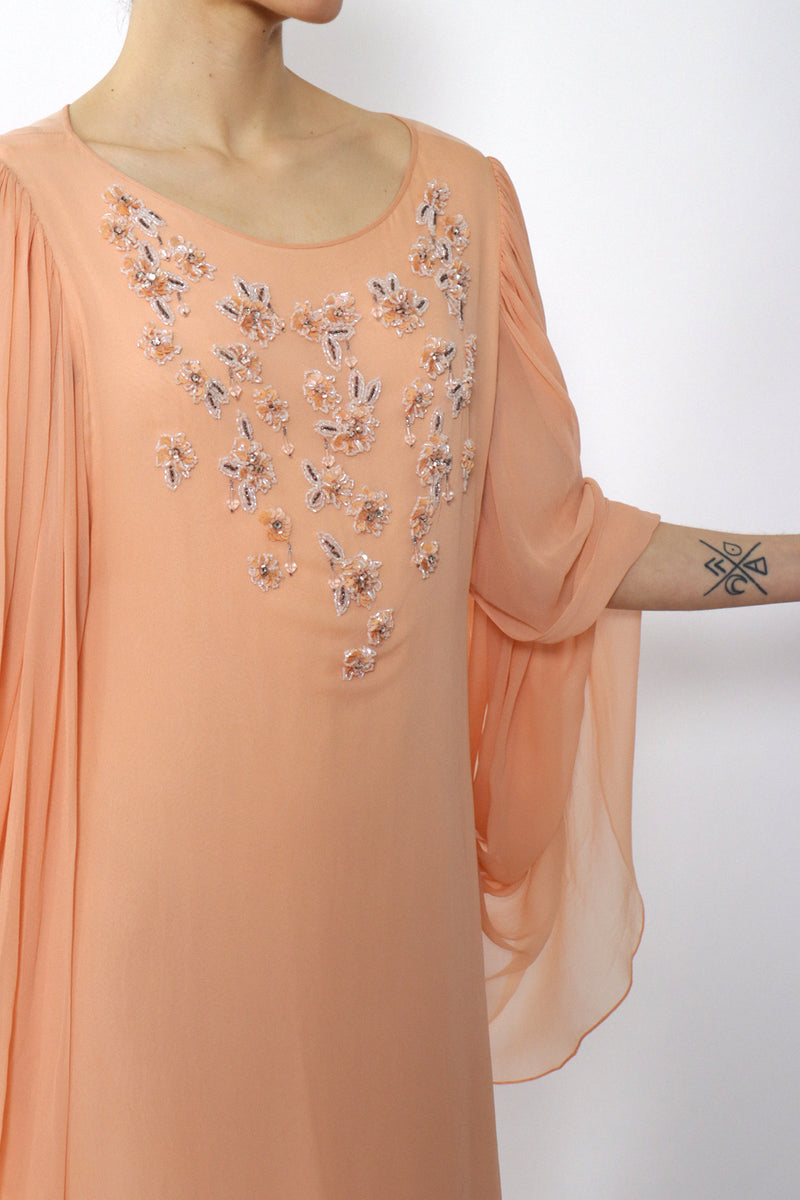 Richilene Silk Peach Beaded Gown XS-M