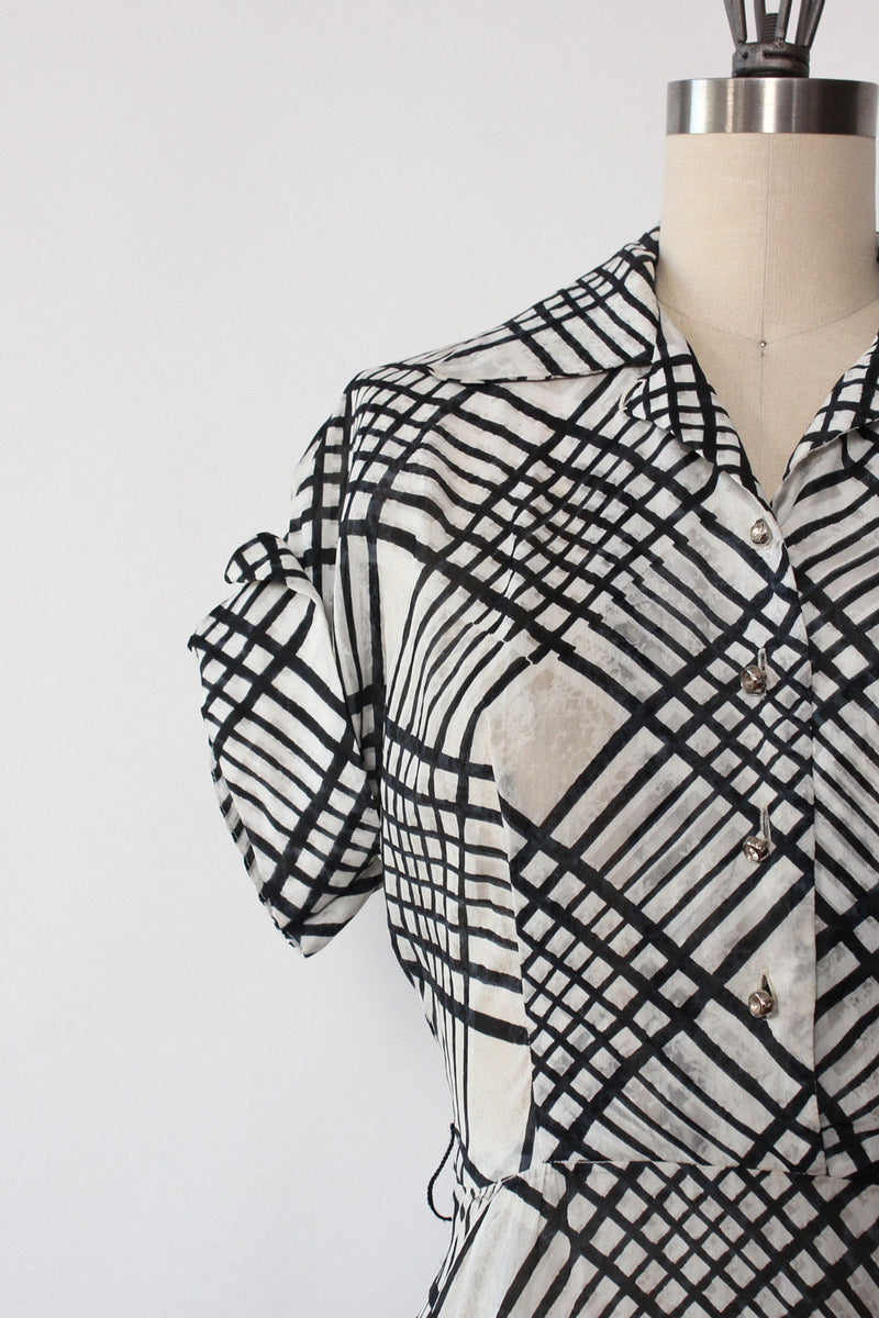 1950s Plaid Silk Flare Dress XS