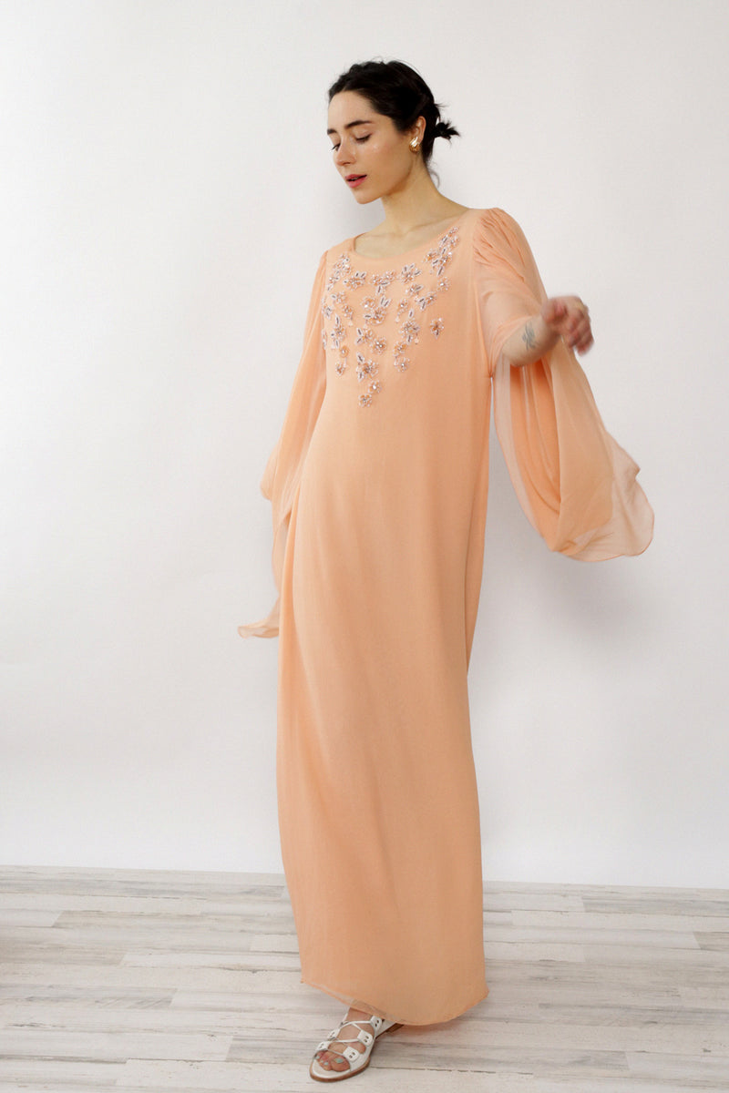 Richilene Silk Peach Beaded Gown XS-M