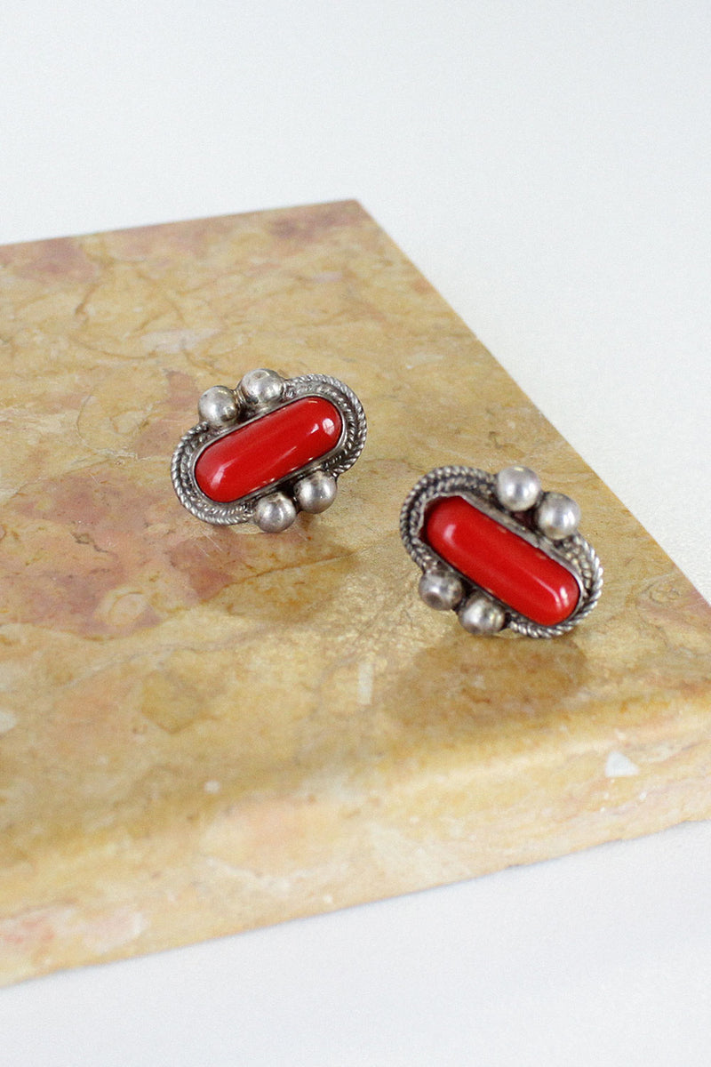Silver and Red Screw-Back Earrings