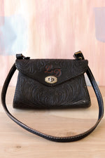 Black Tooled Leather Crossbody Bag