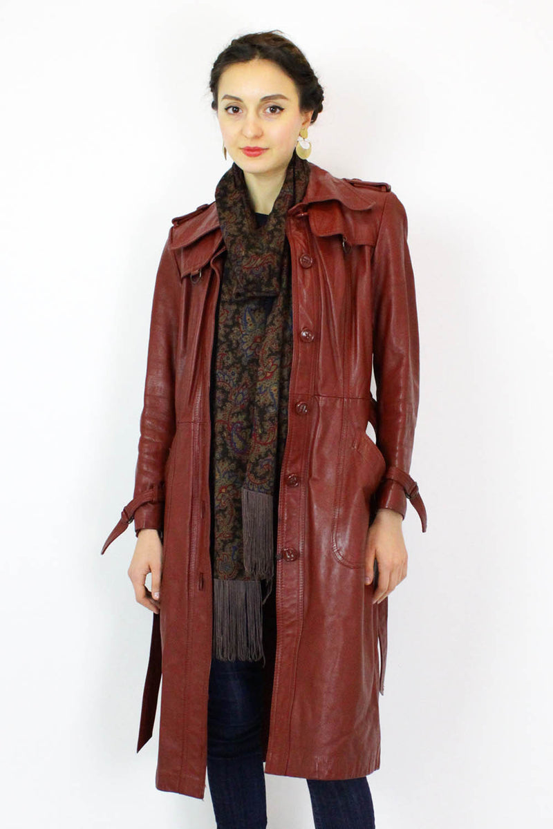 Brick Red 80s Leather Trench Coat